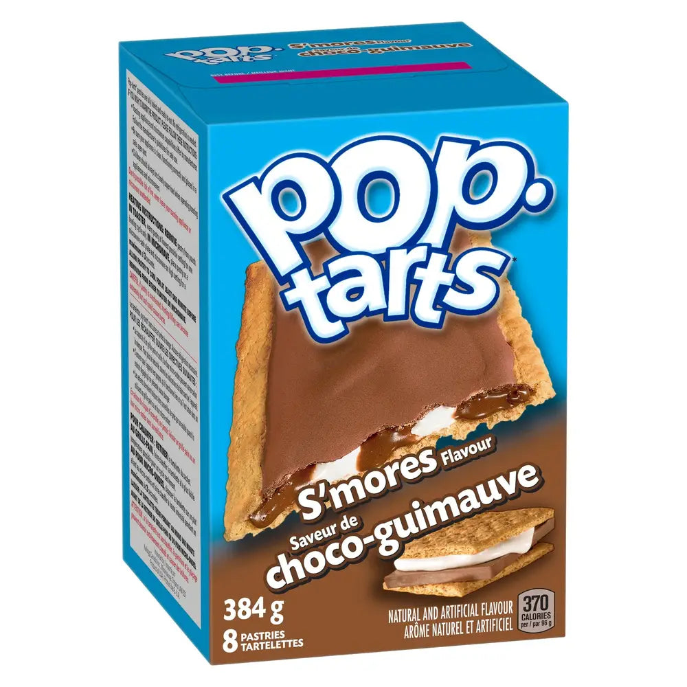 Un carton bleu sur fond blanc avec un grand biscuit au glaçage brun et fourré d’une crème brune et blanche, en bas à droite une barre de chocolat et de la guimauve fondue entre 2 biscuits 