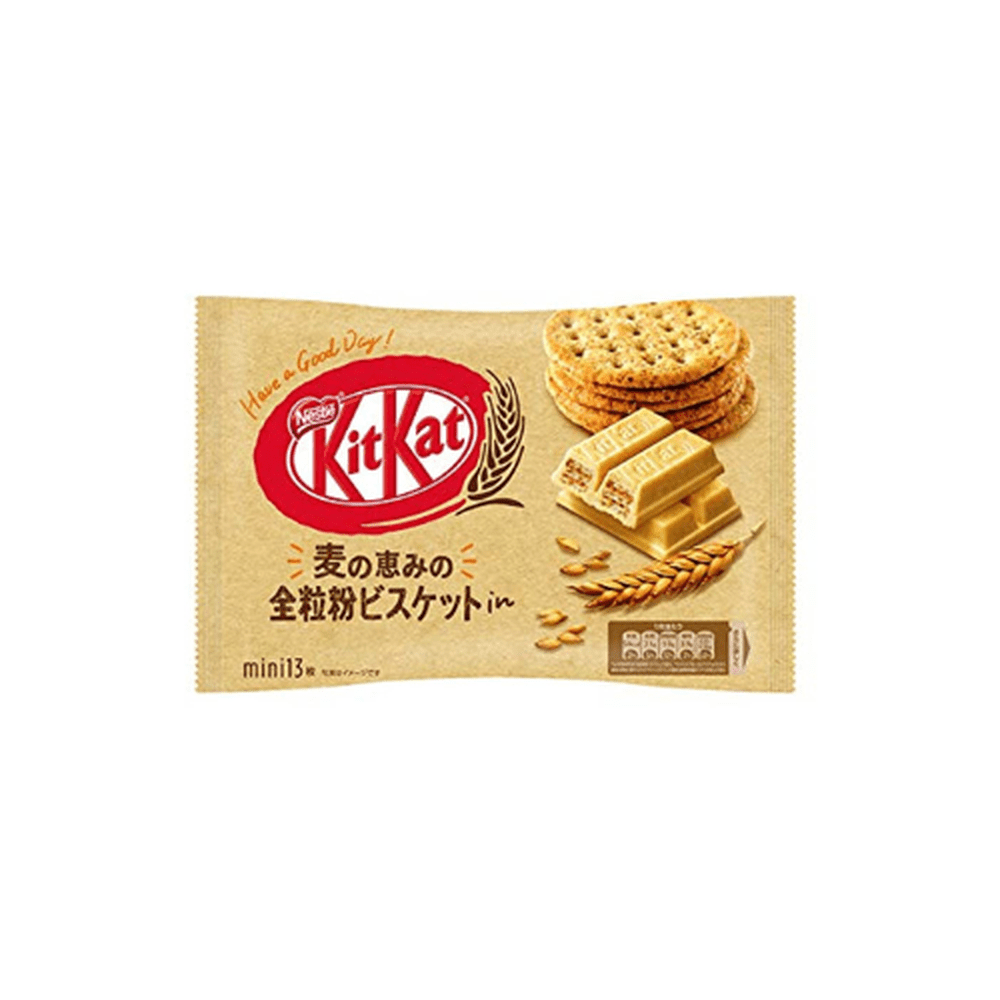 Un grand paquet beige avec en haut à droite 6 morceaux de de biscuits ronds empilés les uns sur les autres et en bas un biscuit enrobé de chocolat blanc. Le tout sur fond blanc