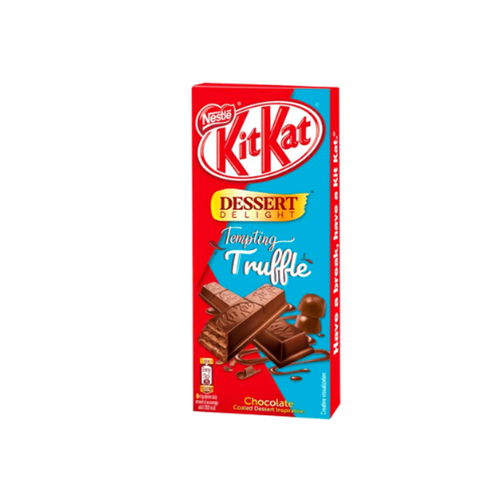 Un paquet rouge et bleu sur fond blanc, au-dessus le logo « Kit Kat » en rouge et en-dessous 2 biscuits en bâtonnet enrobé de chocolat brun