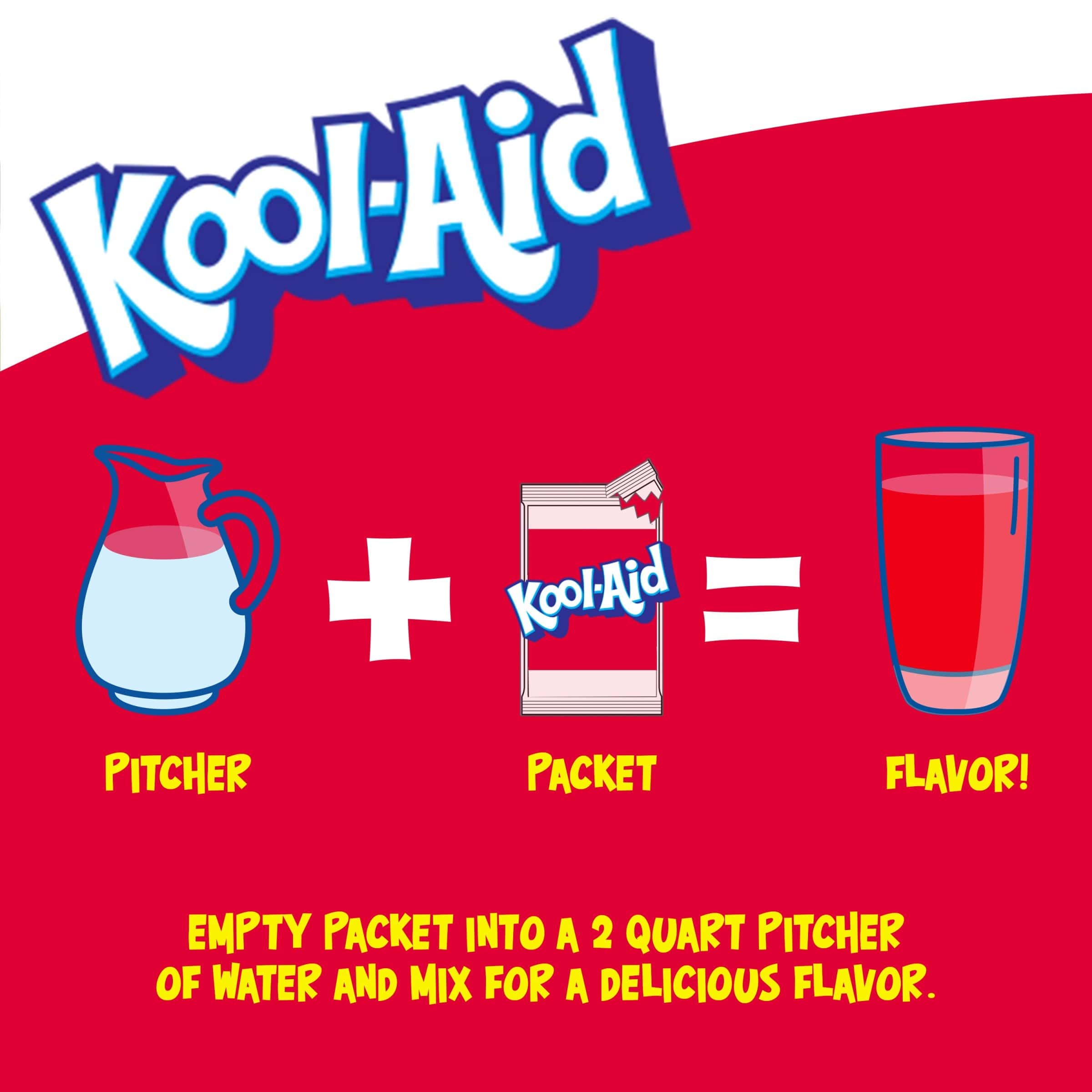 Une affiche blanc au-dessus et rouge en-dessous avec une carafe blanche, un paquet de KoolAid et un verre rempli de boisson rouge