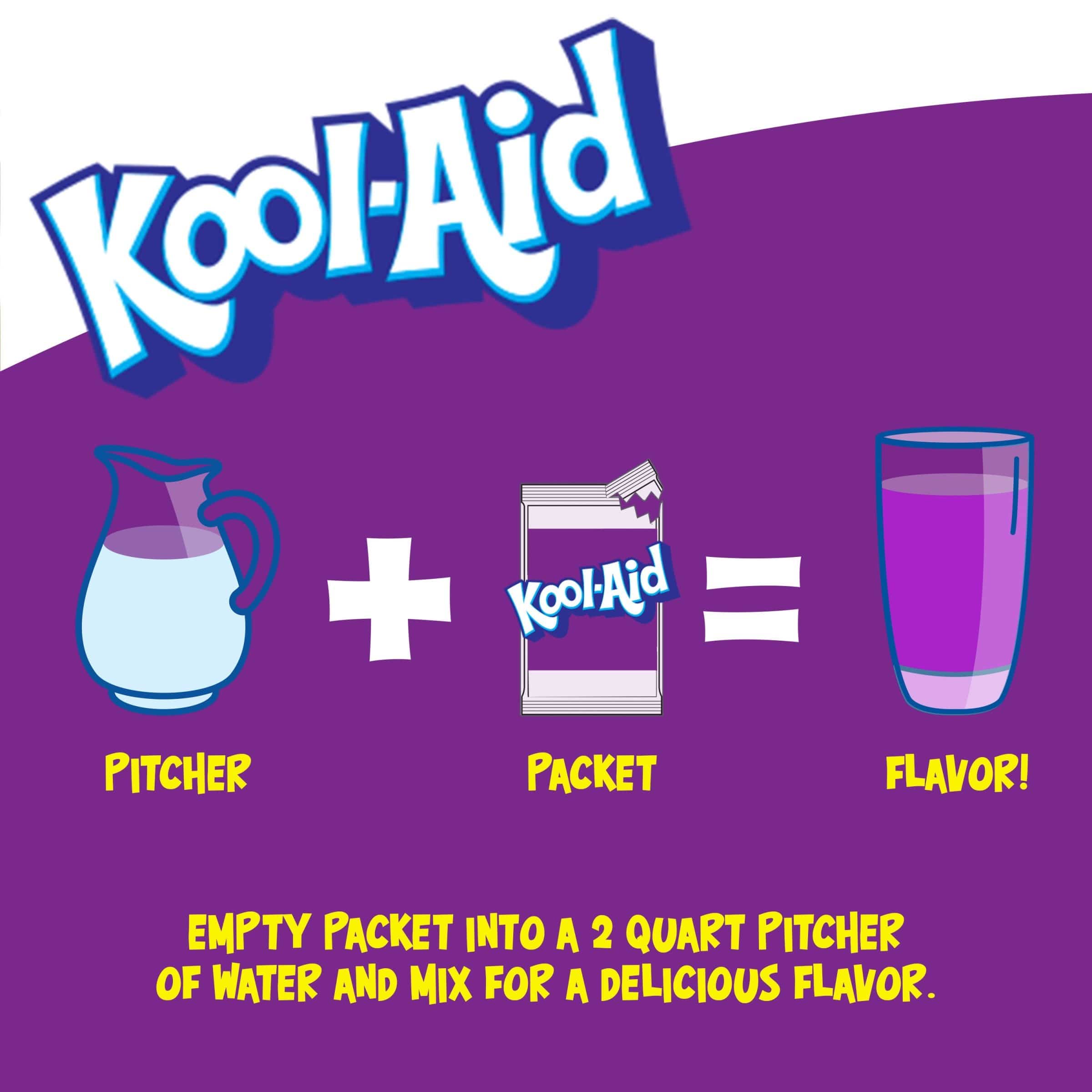 Une affiche blanc au-dessus et mauve en-dessous avec une carafe blanche, un paquet de KoolAid et un verre rempli de boisson mauve