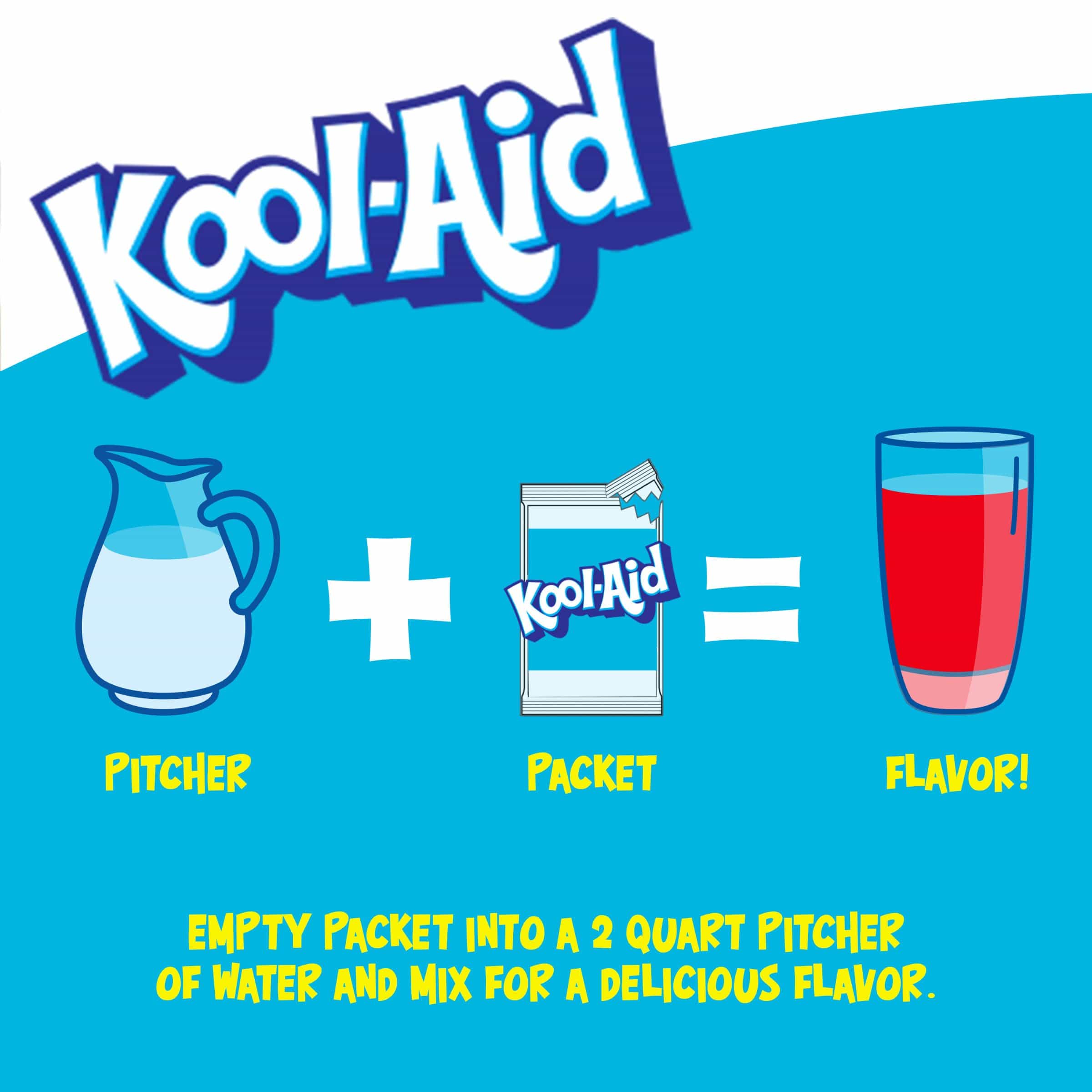 Une affiche blanc au-dessus et bleu en-dessous avec une carafe blanche, un paquet de KoolAid et un verre rempli de boisson rouge