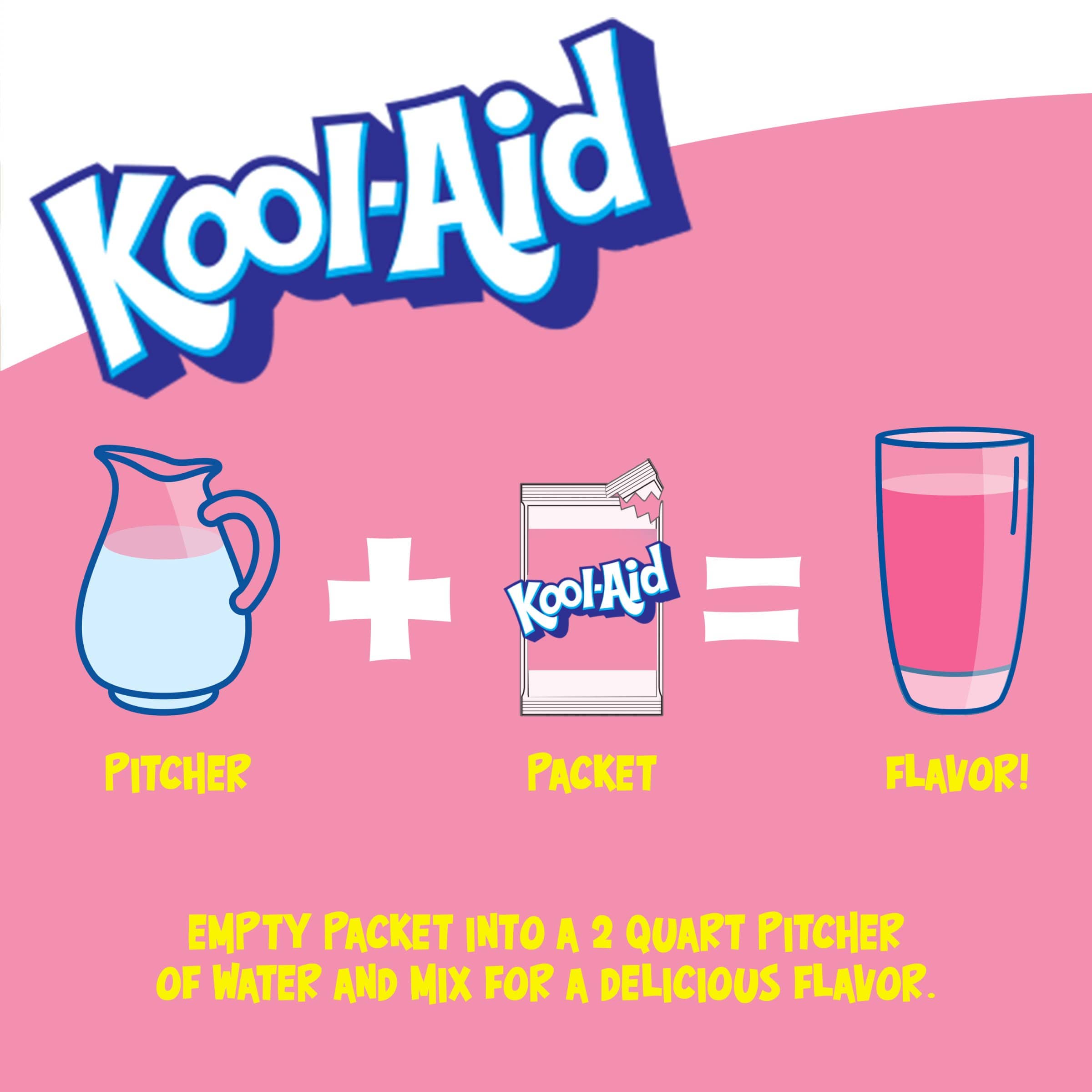 Une affiche blanc au-dessus et roses en-dessous avec une carafe blanche, un paquet de KoolAid et un verre rempli de boisson rose