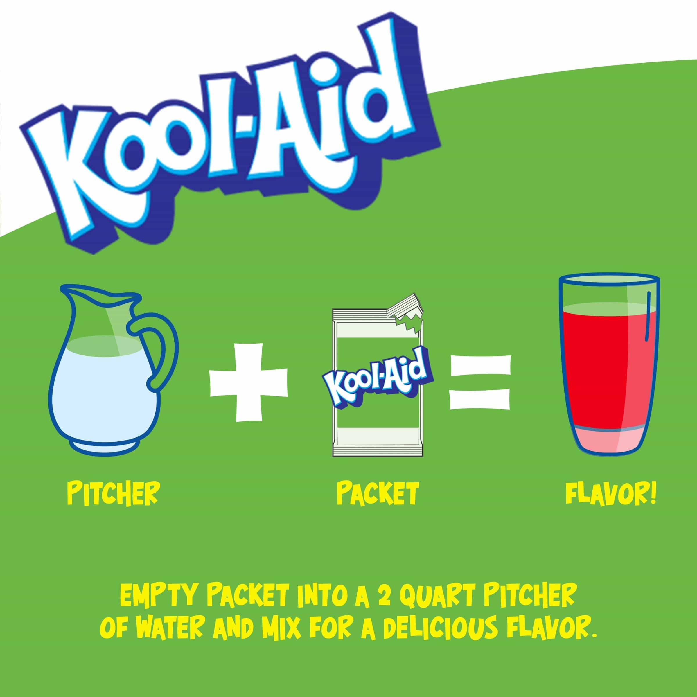 Une affiche blanc au-dessus et vert en-dessous avec une carafe blanche, un paquet de KoolAid et un verre rempli de boisson rouge