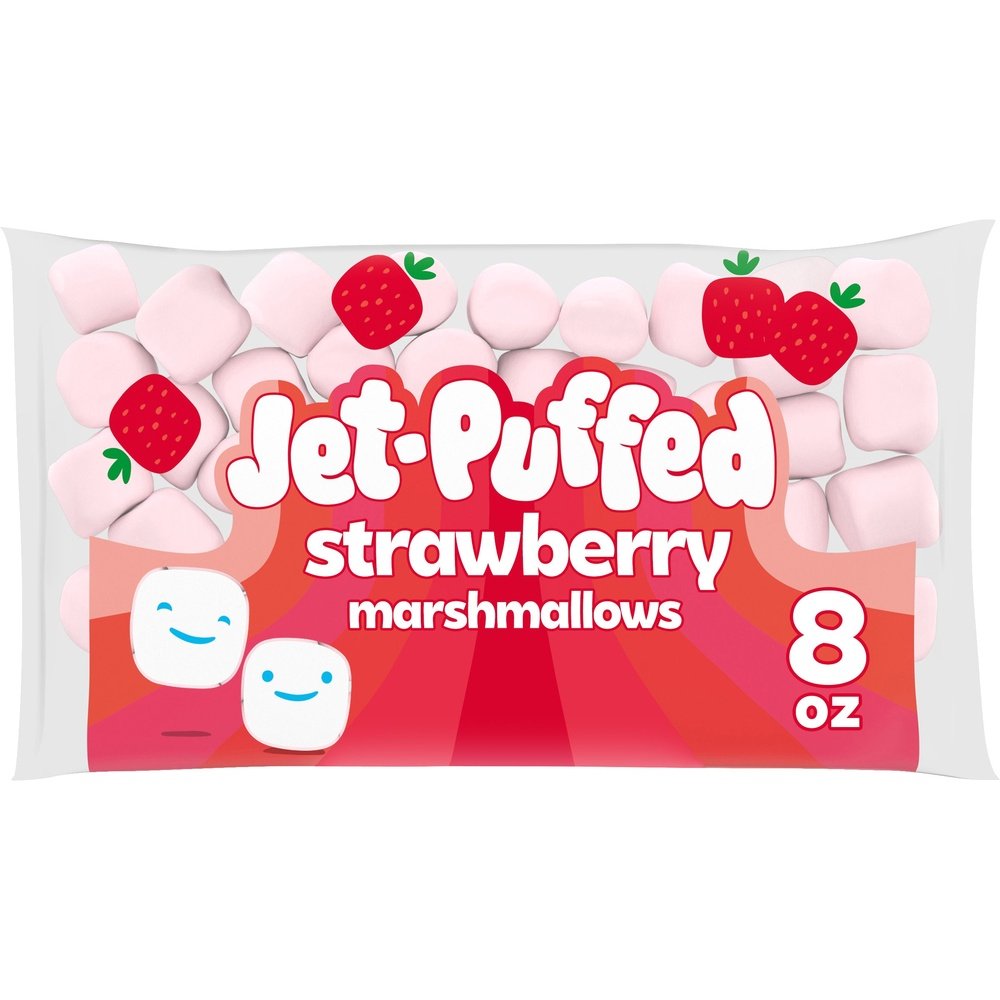 Un paquet transparent avec des marshmallows roses et sur le paquet il y a la partie du bas qui est rouge, le tout sur fond blanc