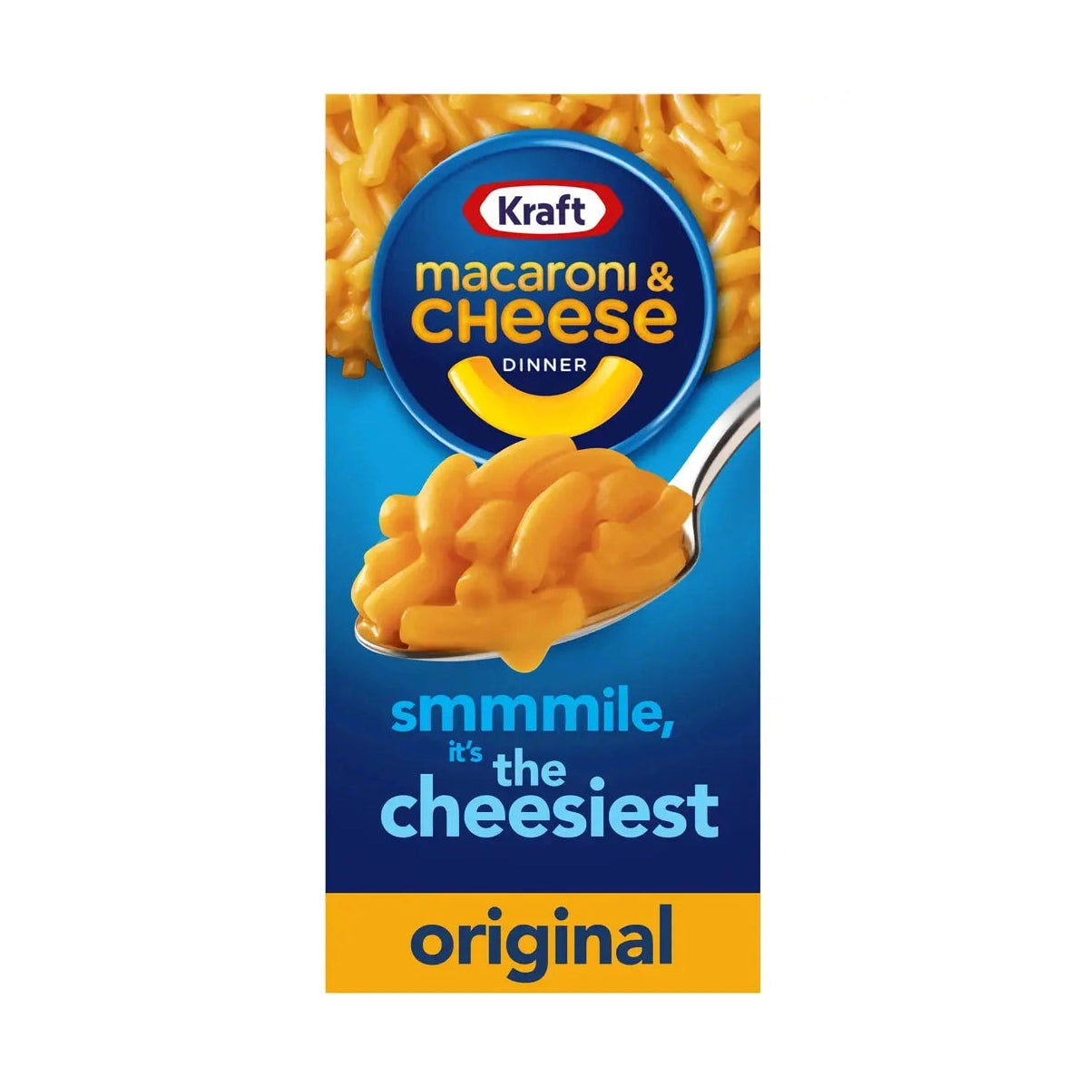 Un paquet bleu sur fond blanc avec au-dessus des Mac&cheese et sur le devant un cuillère de Mac&cheese, en bas il est écrit « original » en jaune
