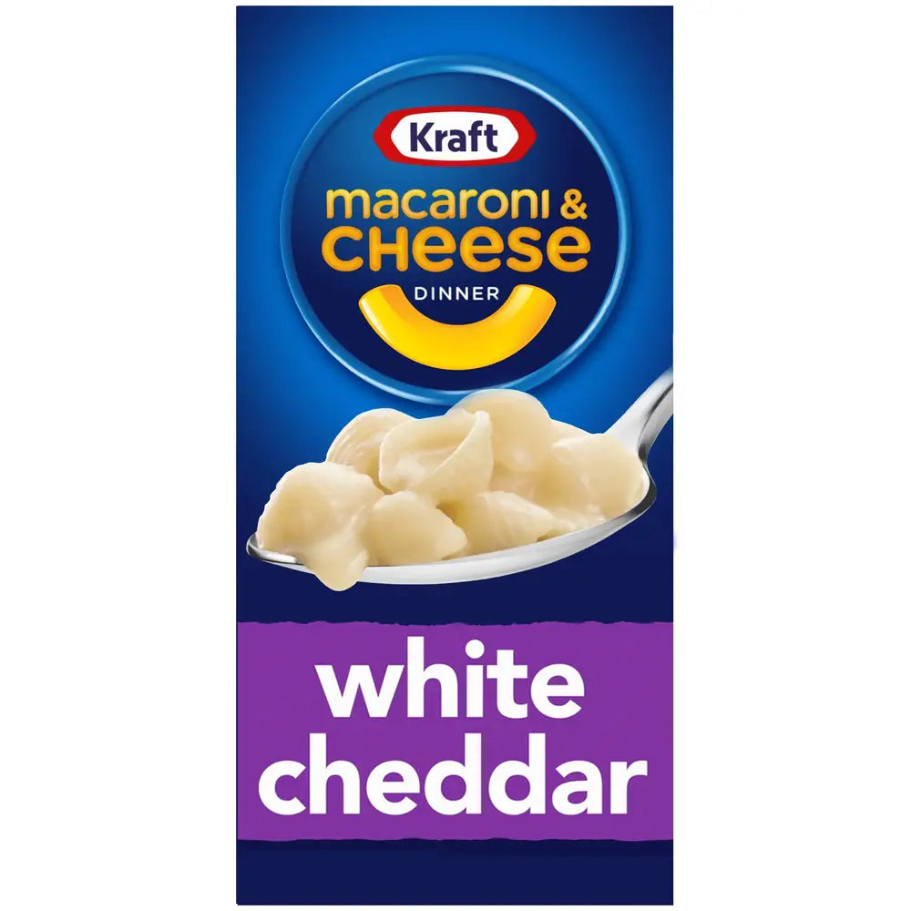 Un paquet bleu sur fond blanc avec au centre une cuillère de Mac&Cheese, en bas il est écrit « white cheddar » en mauve
