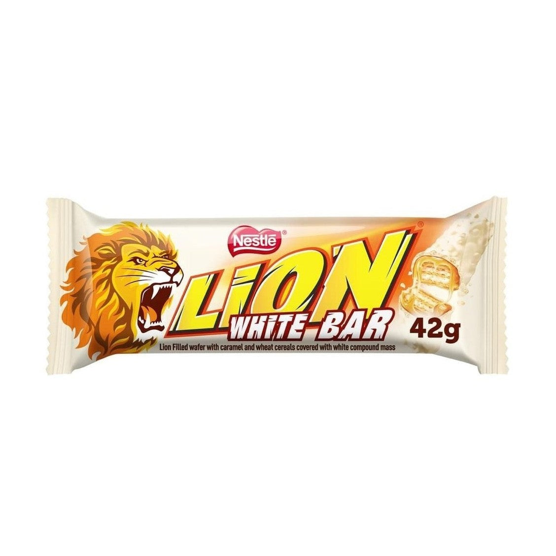 Un emballage beige sur fond blanc avec à gauche un lion qui rugit, à droite une barre blanche qui se divise en 2 avec à l’intérieur du biscuits et du caramel