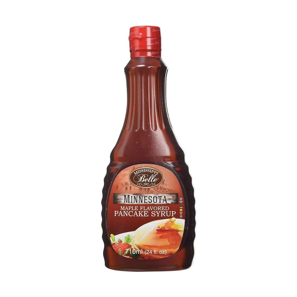 Une bouteille transparente remplie d’un liquide brun avec une étiquette marron où on voit des pancakes et du sirop d’érable, le tout sur fond blanc