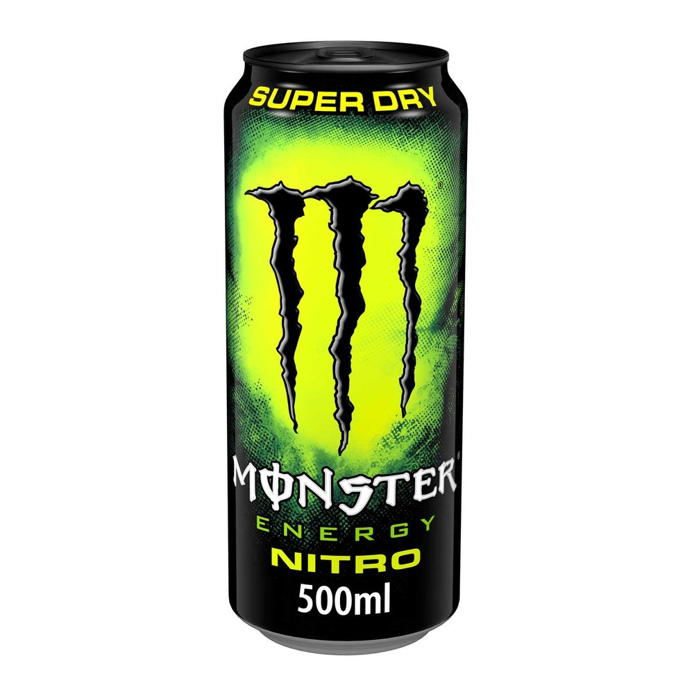 Une canette noire sur fond blanc avec au centre une zone jaune fluorescente avec le logo noir de Monster, un grand M