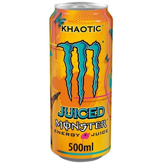 Une canette orange sur fond blanc avec des motifs colorés et au centre le logo bleu de Monster, un grand M