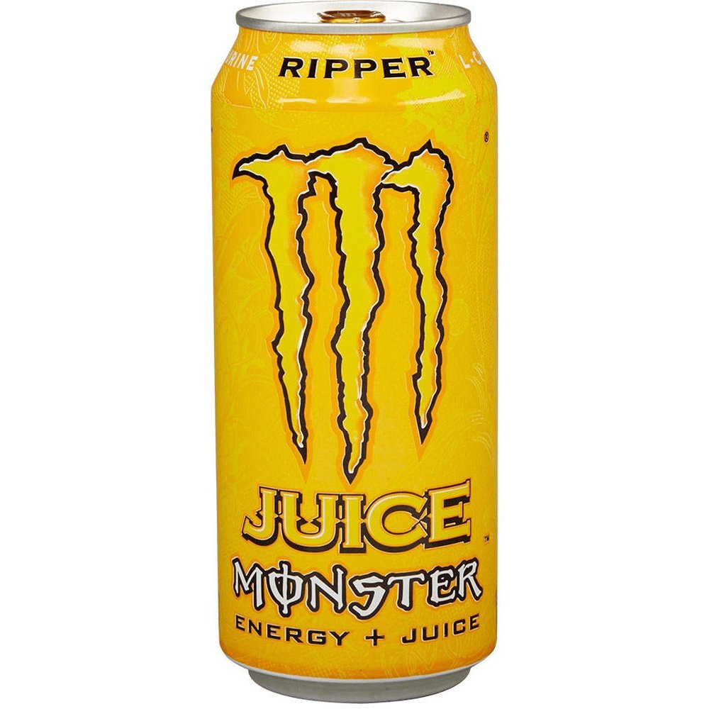 Une grande canette jaune avec au centre le logo jaune de Monster, un grand M. Le tout sur fond blanc