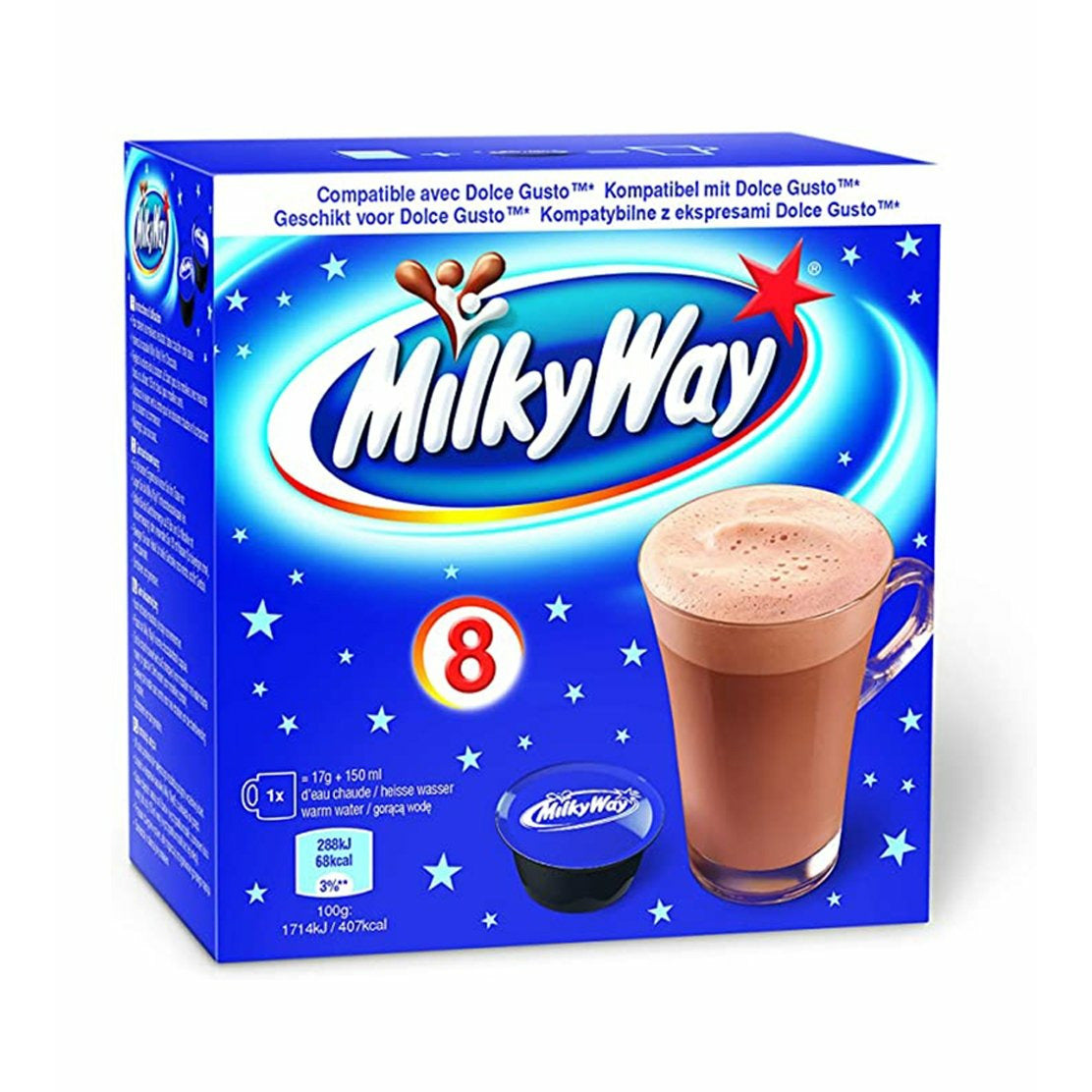 Un carton bleu vif sur fond blanc avec de petites étoiles. Sur le devant, il y a une capsule Milka Way bleu-noir et à droite une grande tasse transparente avec du chocolat chaud avec de la mousse