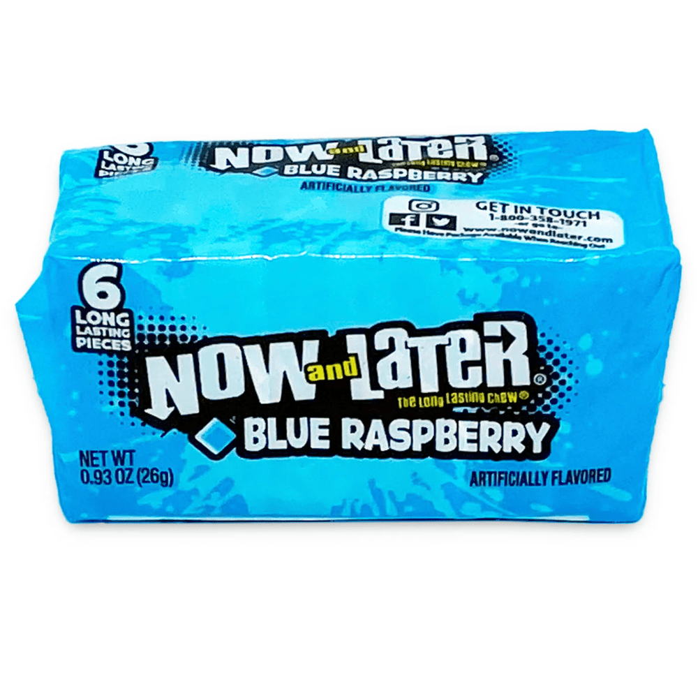 Un carton bleu avec au centre le logo « Now and later » en noir et blanc, le tout sur fond blanc