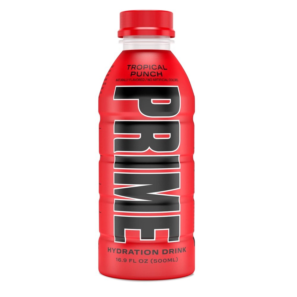 Une bouteille rouge avec un capuchon rouge, au centre il est écrit verticalement « Prime » en noir. Le tout sur fond blanc