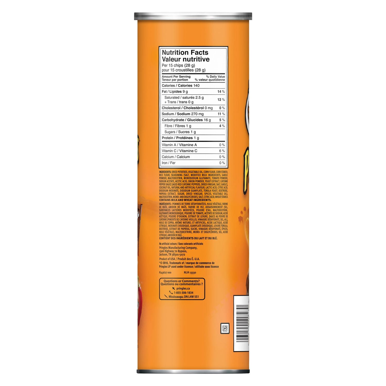 L’arrière du paquet en forme de cylindre orange, au centre il y a un encadré blanc avec les informations nutritives en noir. Le tout sur fond blanc