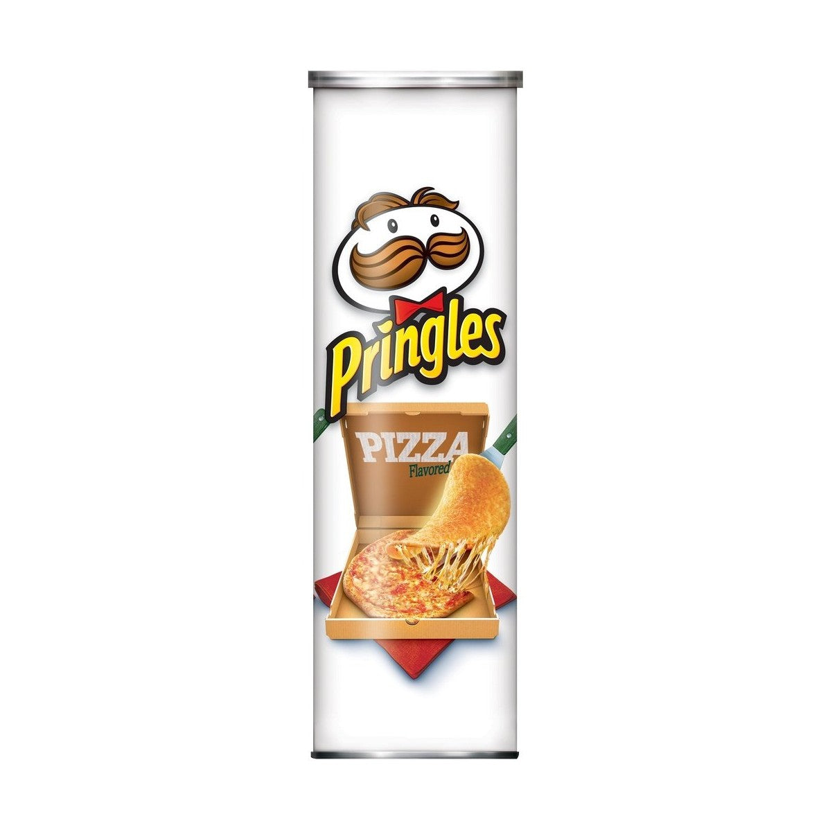 Un paquet en forme de cylindre blanc, au milieu il y a une boite à pizza avec un grande pizza et une chips avec du fromage. Le tout sur fond blanc