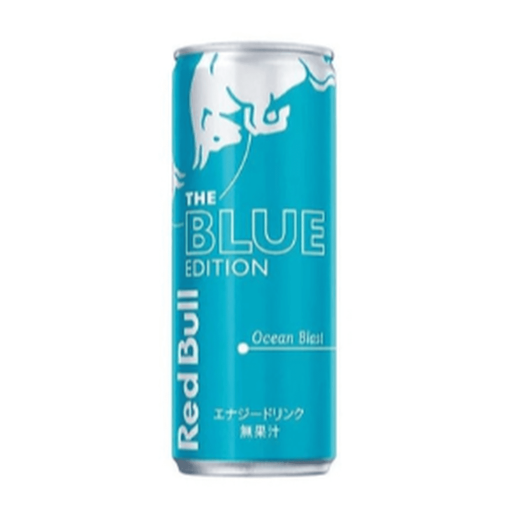 Une longue canette bleu turquoise avec au-dessus un taureau blanc et en-dessous il est écrit « The Blue Edition », le tout sur fond blanc
