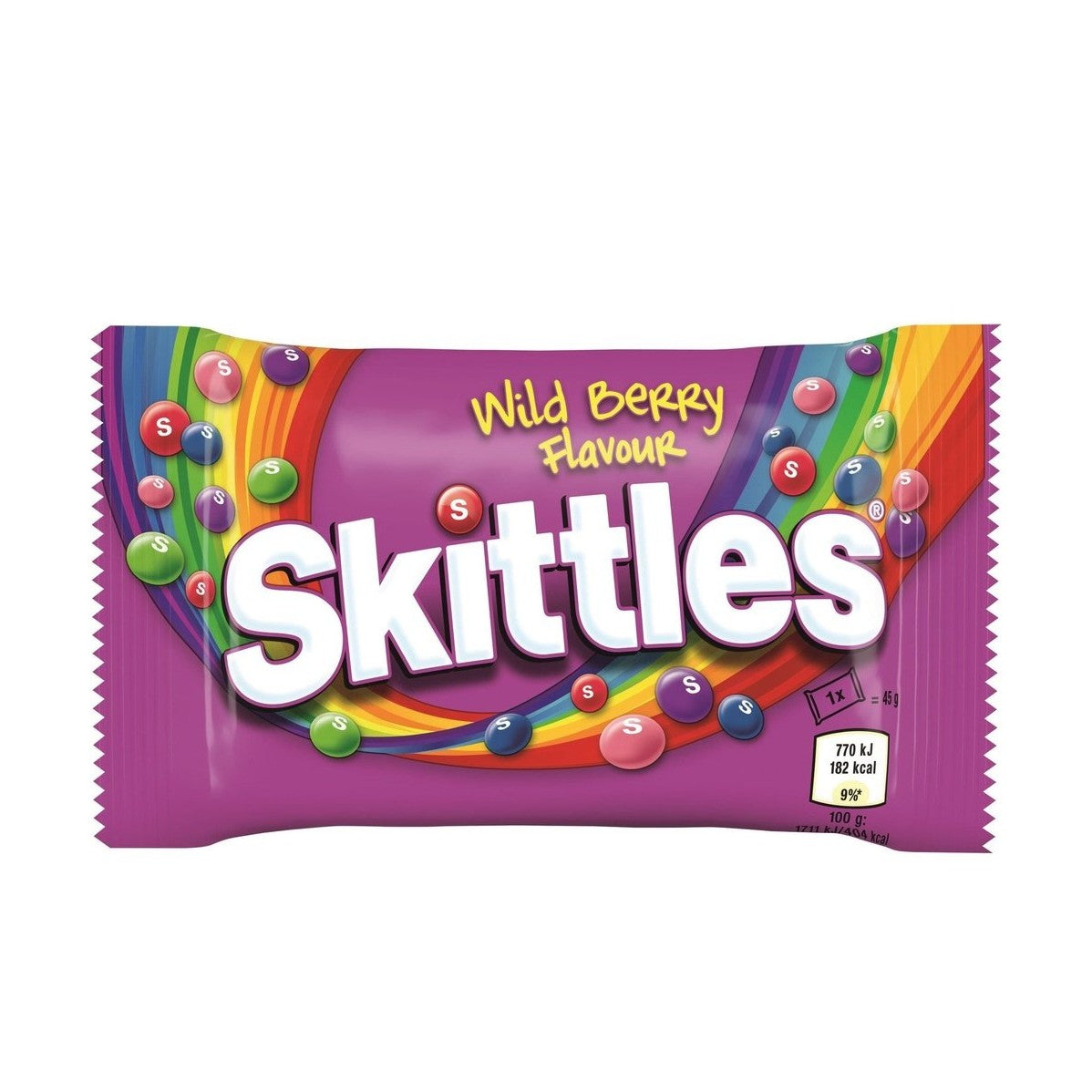 Un emballage mauve avec un arc-en-ciel et plein de Skittles colorés dessus, le tout sur fond blanc