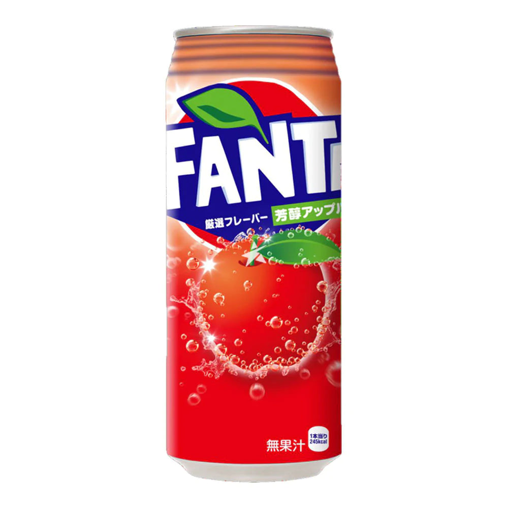 Une longue canette rouge sur fond blanc avec le logo Fanta et au centre en bas une pomme entourée de bulles