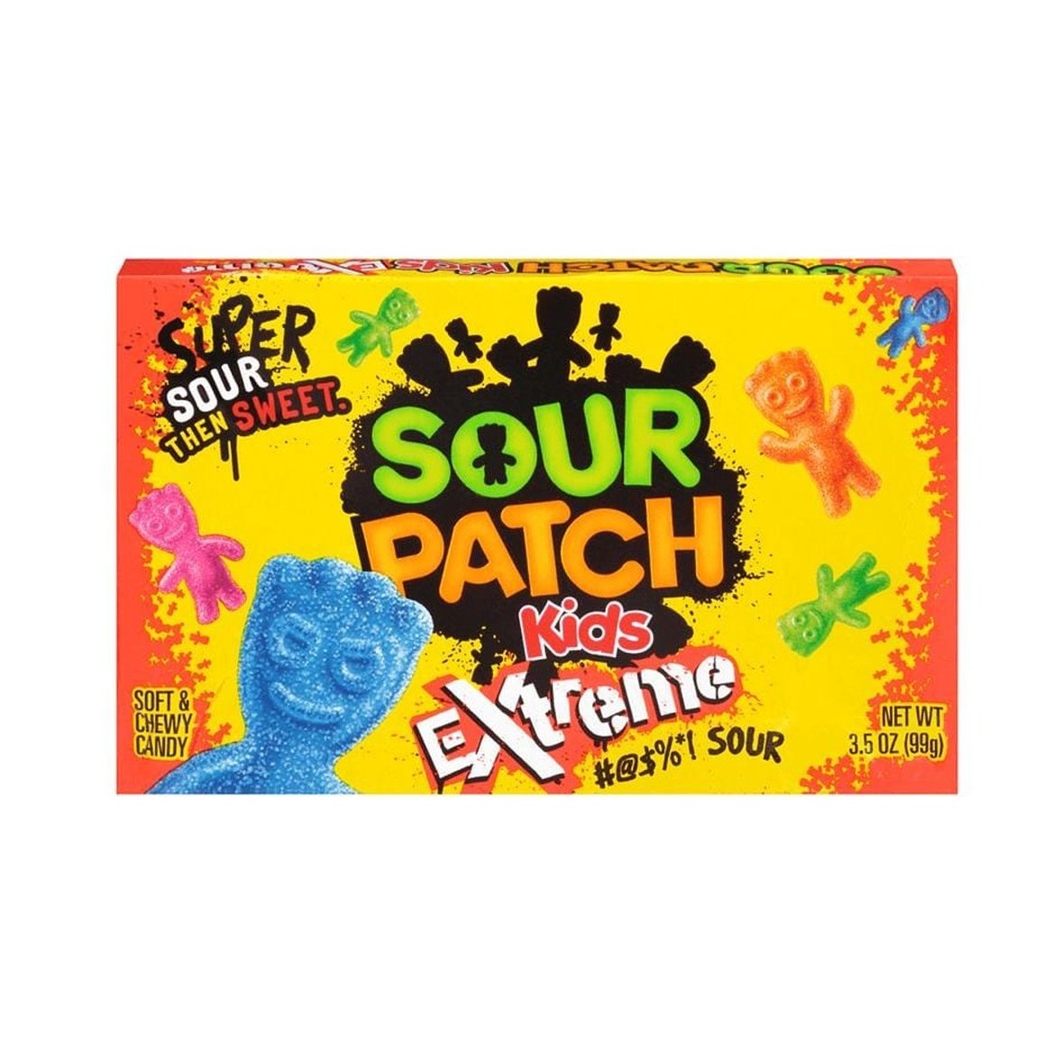Un paquet orange et jaune sur fond blanc avec des bonbons en forme de petits bonhommes vert, orange, rose et bleu