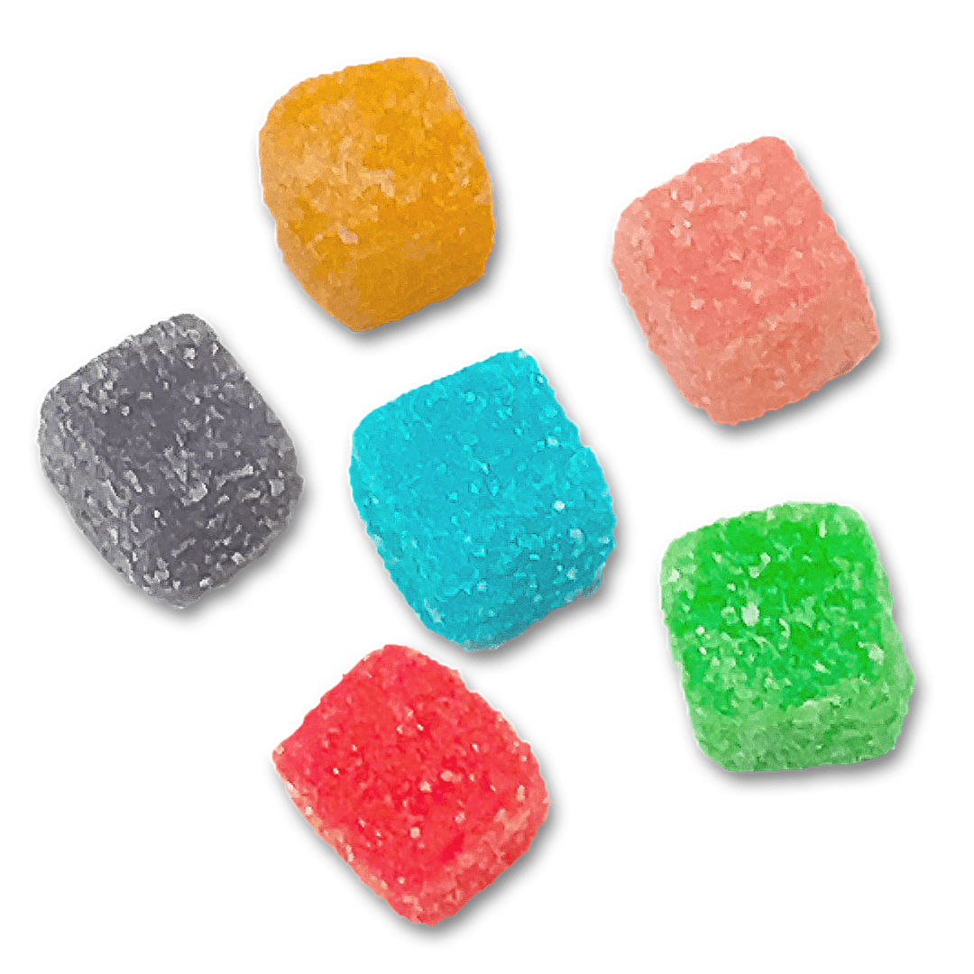 6 bonbons en forme de cubes colorés ; rouge, orange, rose, bleu, vert et gris. Le tout sur fond blanc