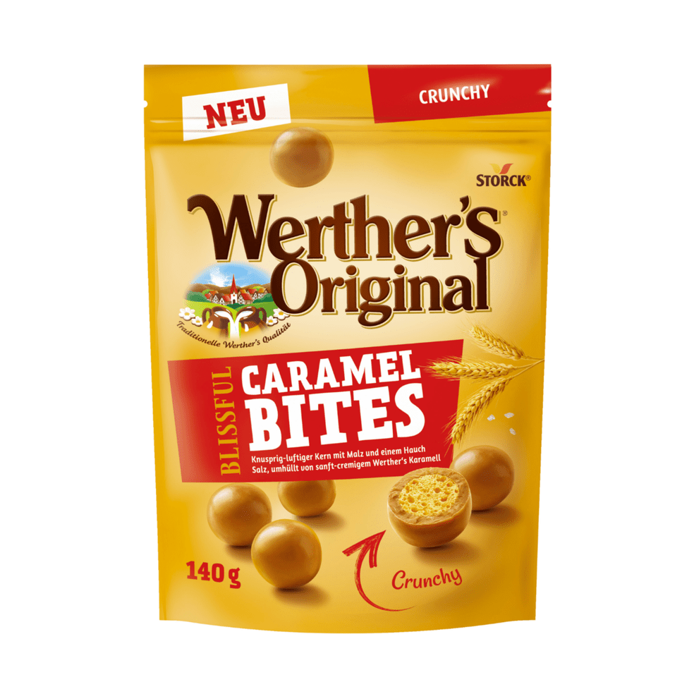Un emballage brun avec des petites boules brunes, 3 épies de blé et un encadré rouge avec écrit « Caramel Bites », le tout sur fond blanc